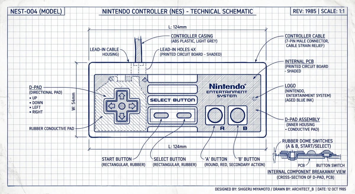 An architect style blueprint sketch of a retro Nint...