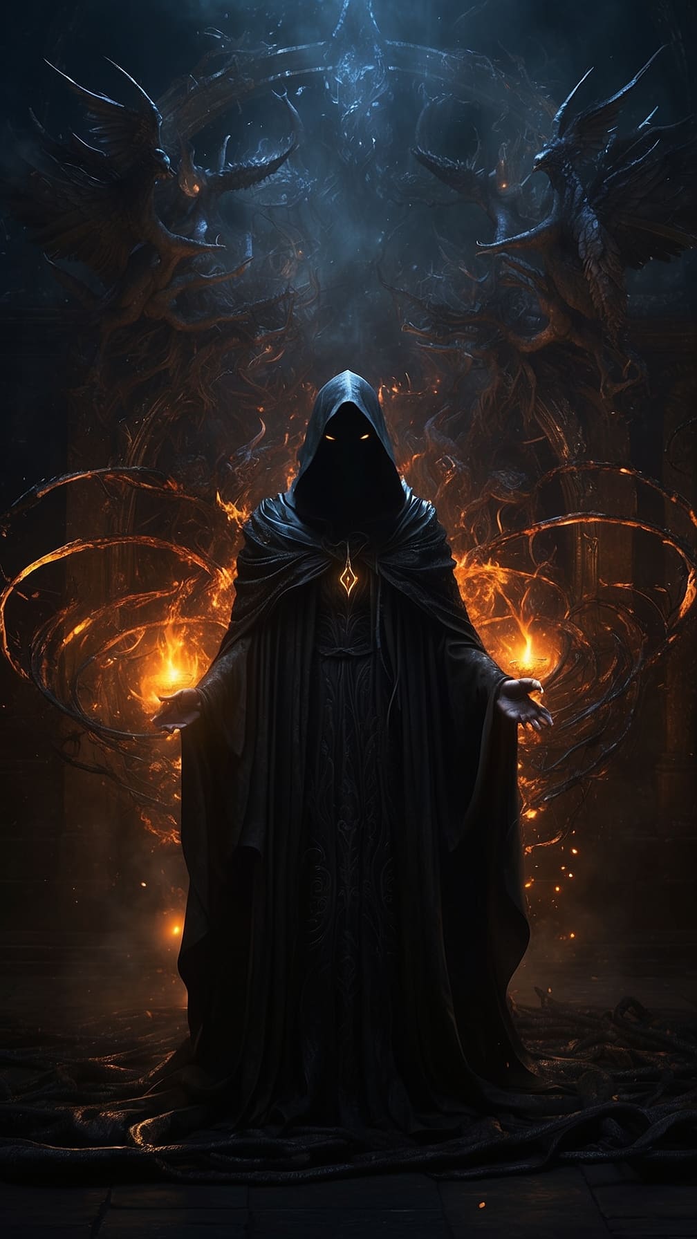 Dark fantasy sorcerer standing in an ancient gothic...
