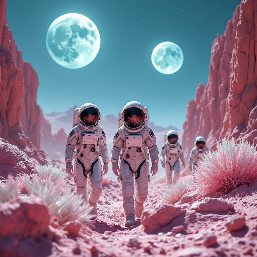 A team of astronauts in sleek, futuristic spacesuit...