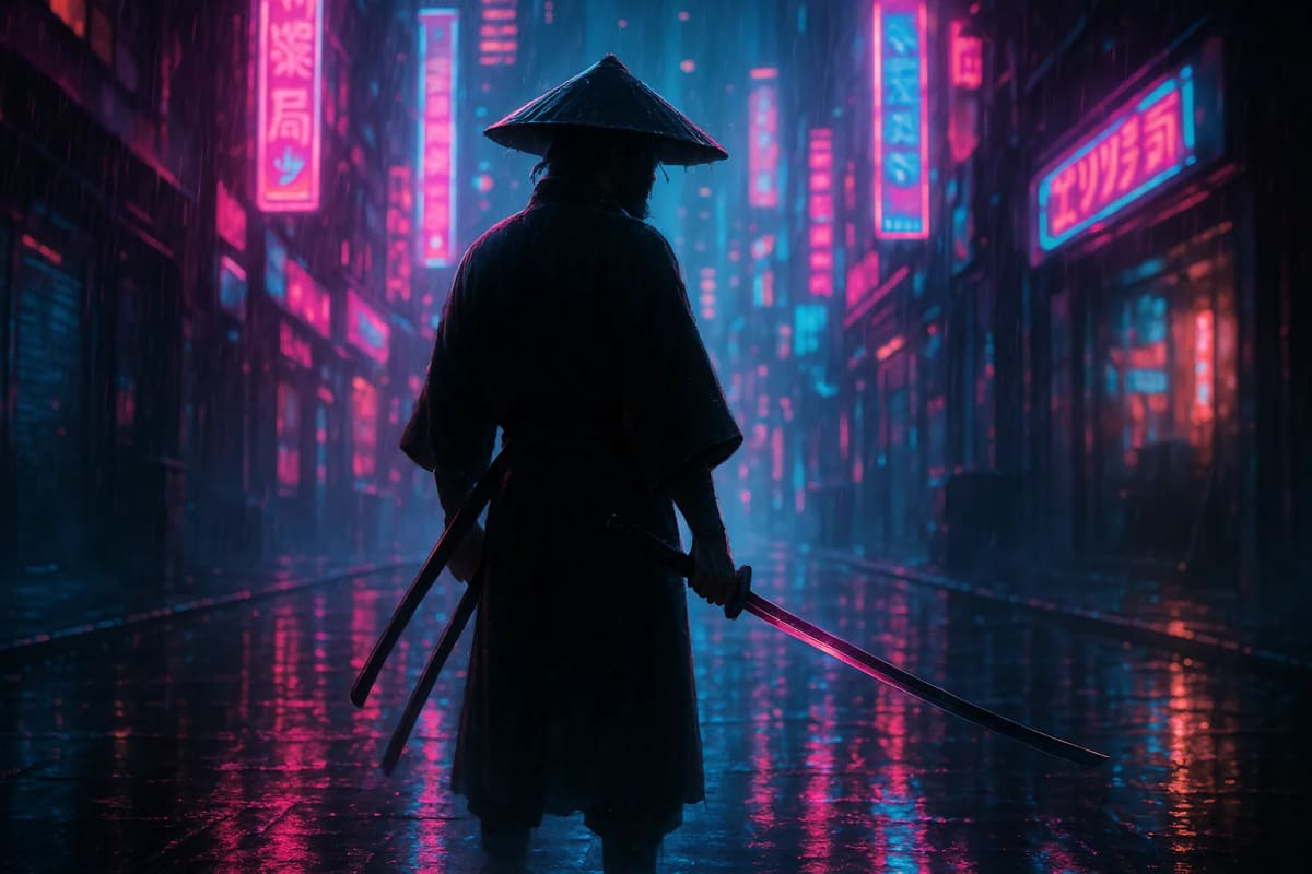 A lone samurai standing beneath glowing holographic...