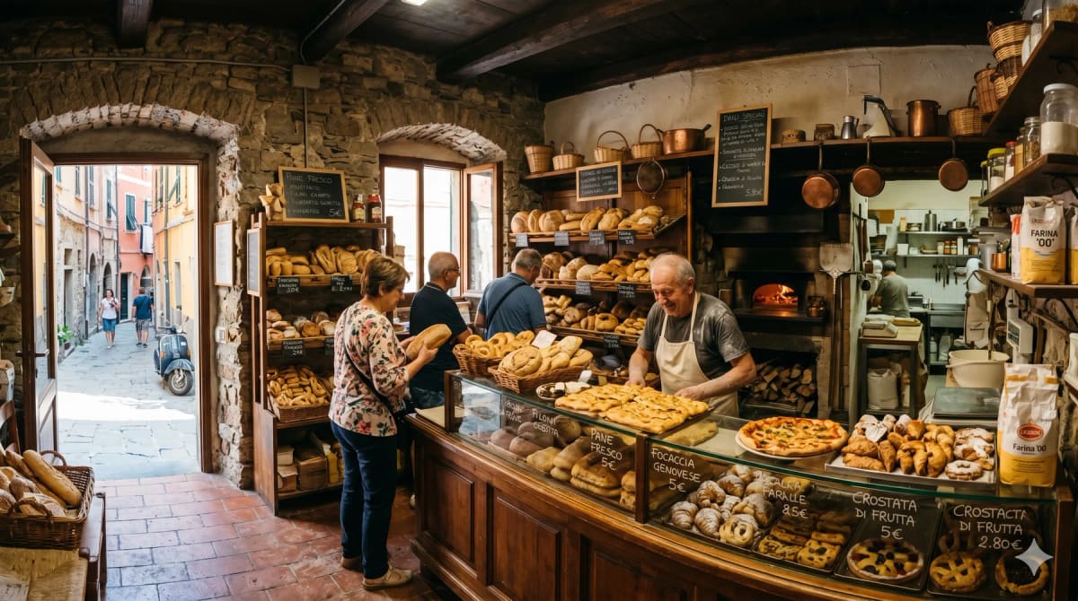 A wide angled photograph inside a small bakery in a...