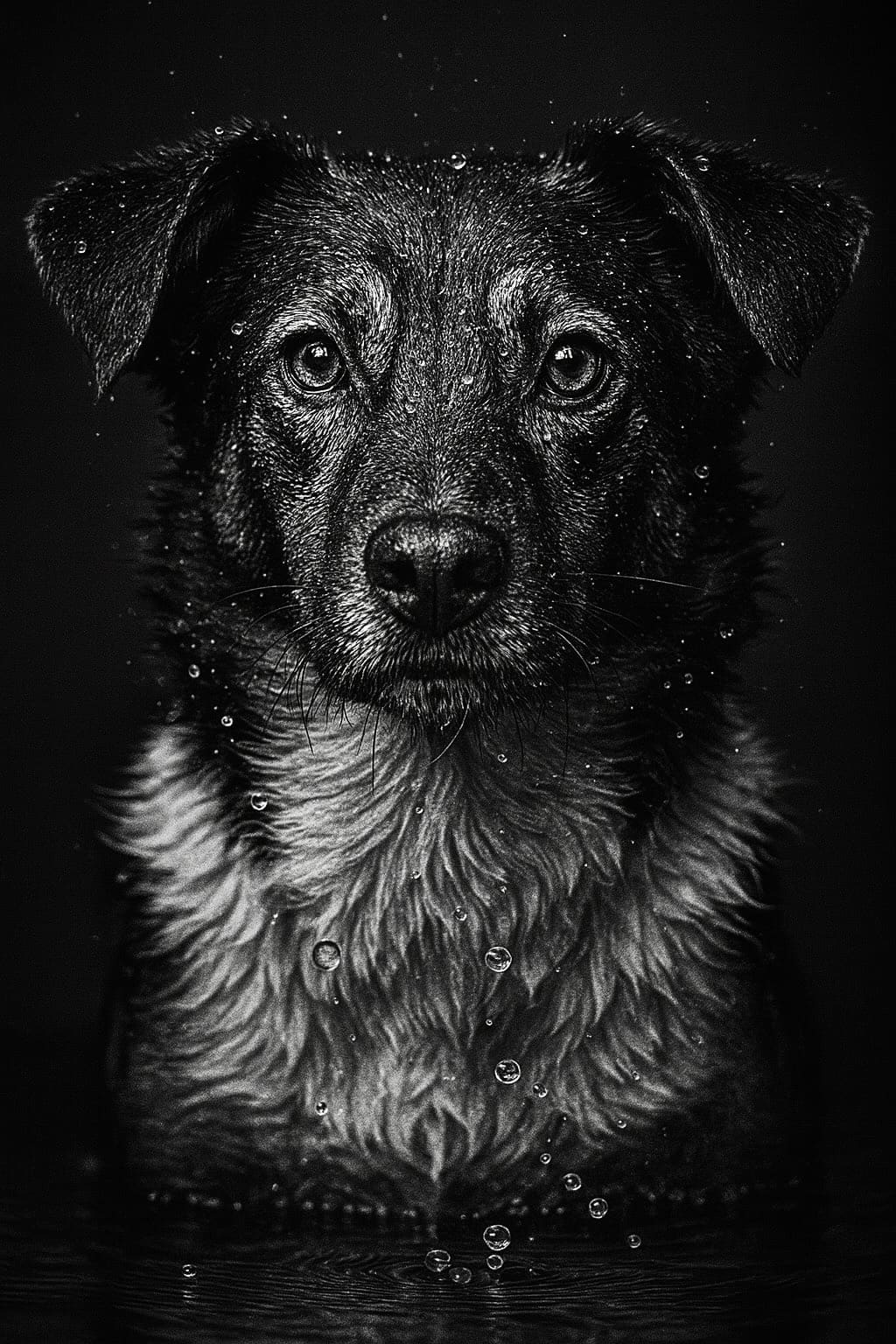 Ultra-detailed dark portrait of a dog emerging from...