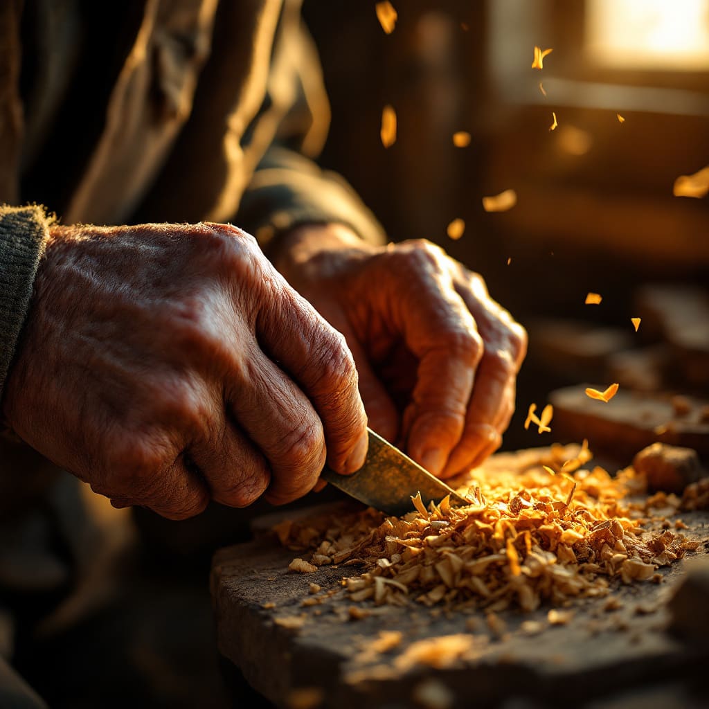A close-up of an elderly craftsman’s weathered hand...