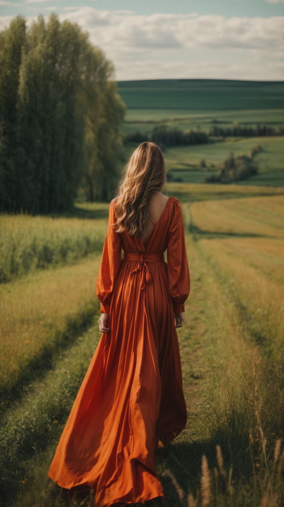 Cinematic countryside portrait of a woman walking a...