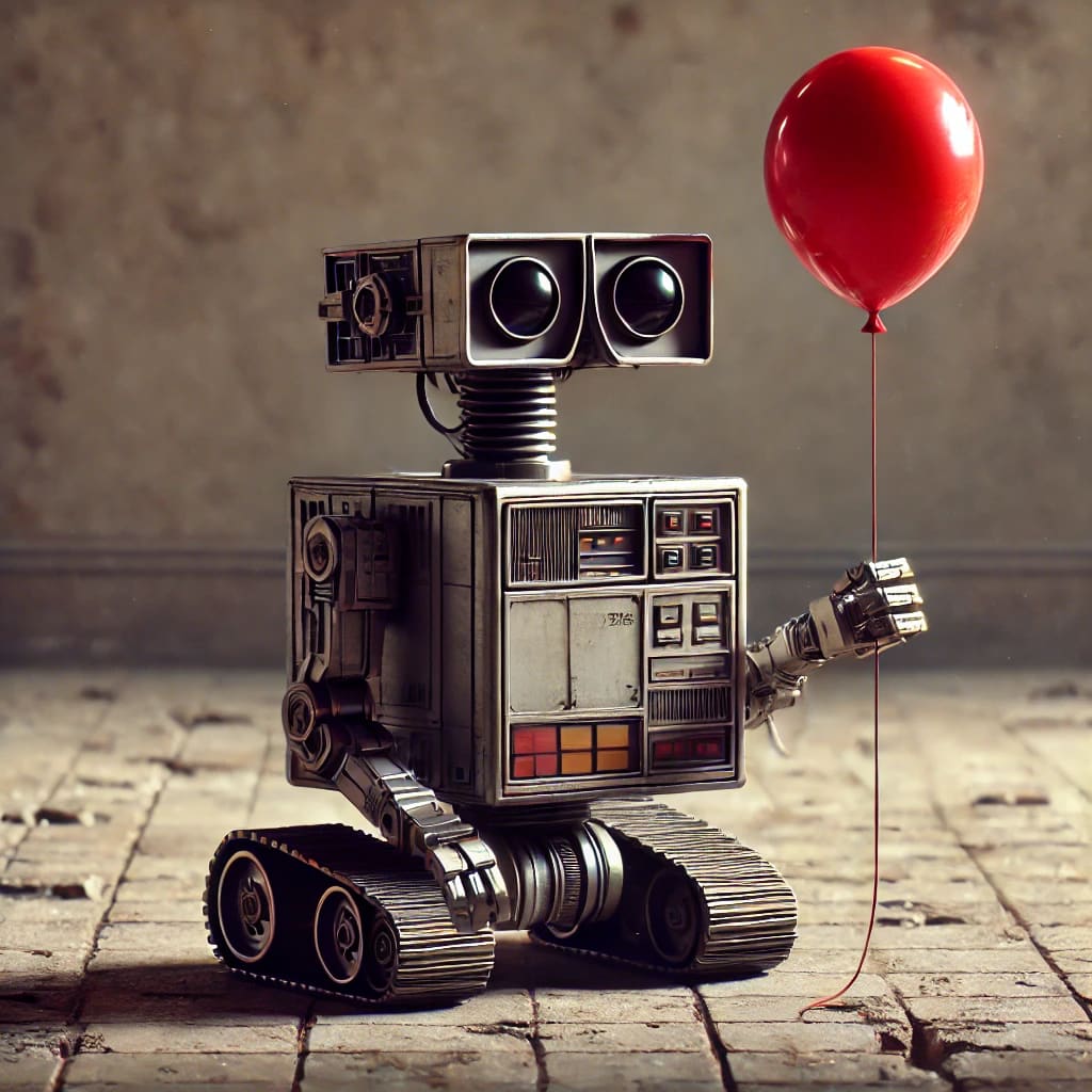 A lonely 1980s robot holds a red balloon, photoreal...