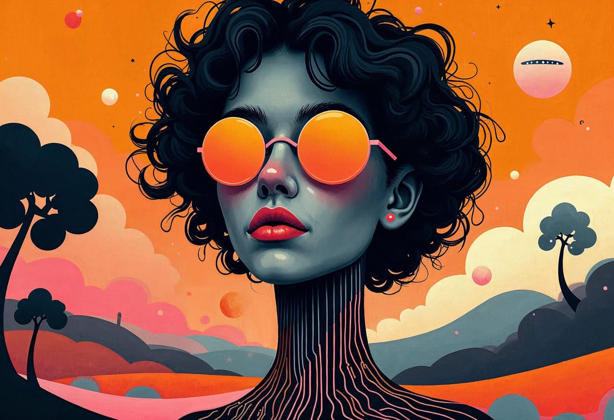 An abstract and surreal digital art piece featuring...