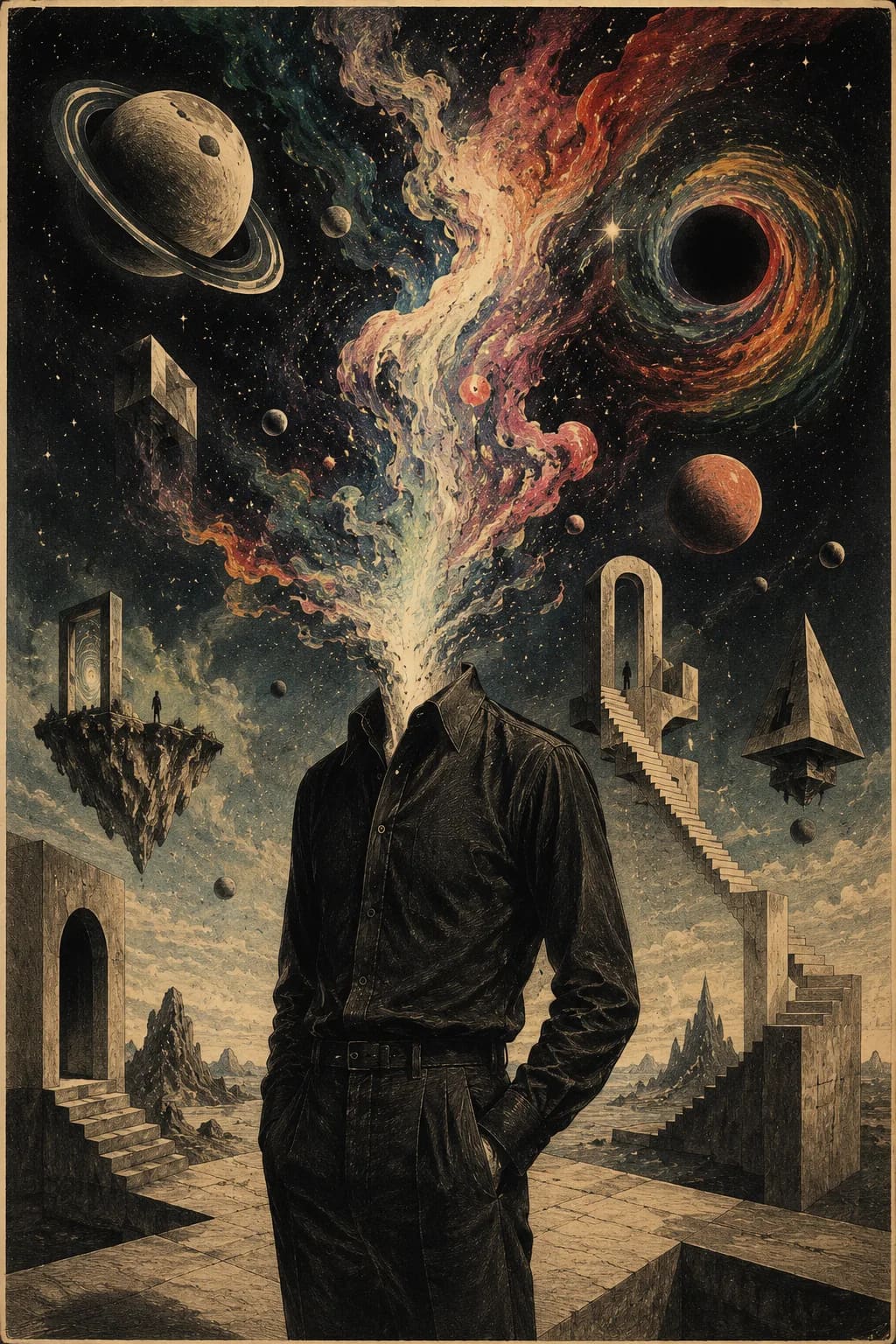 A faceless humanoid figure stands in a surreal cosm...