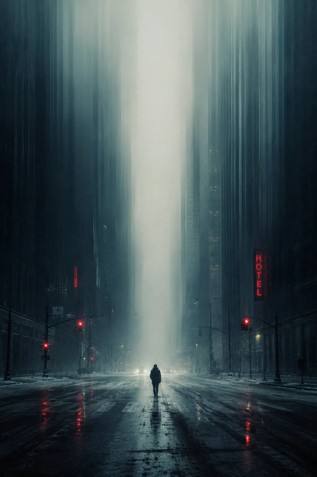 An eerie, deserted city street disappearing into an...