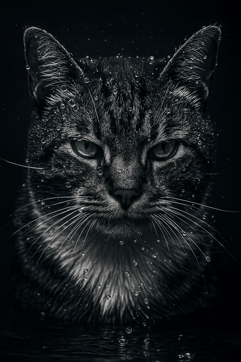 Ultra-detailed dark portrait of a tabby cat emergin...