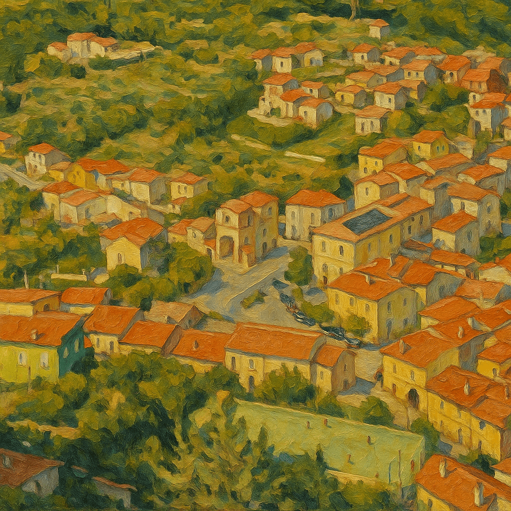 Impressionist-style aerial painting of a peaceful I...