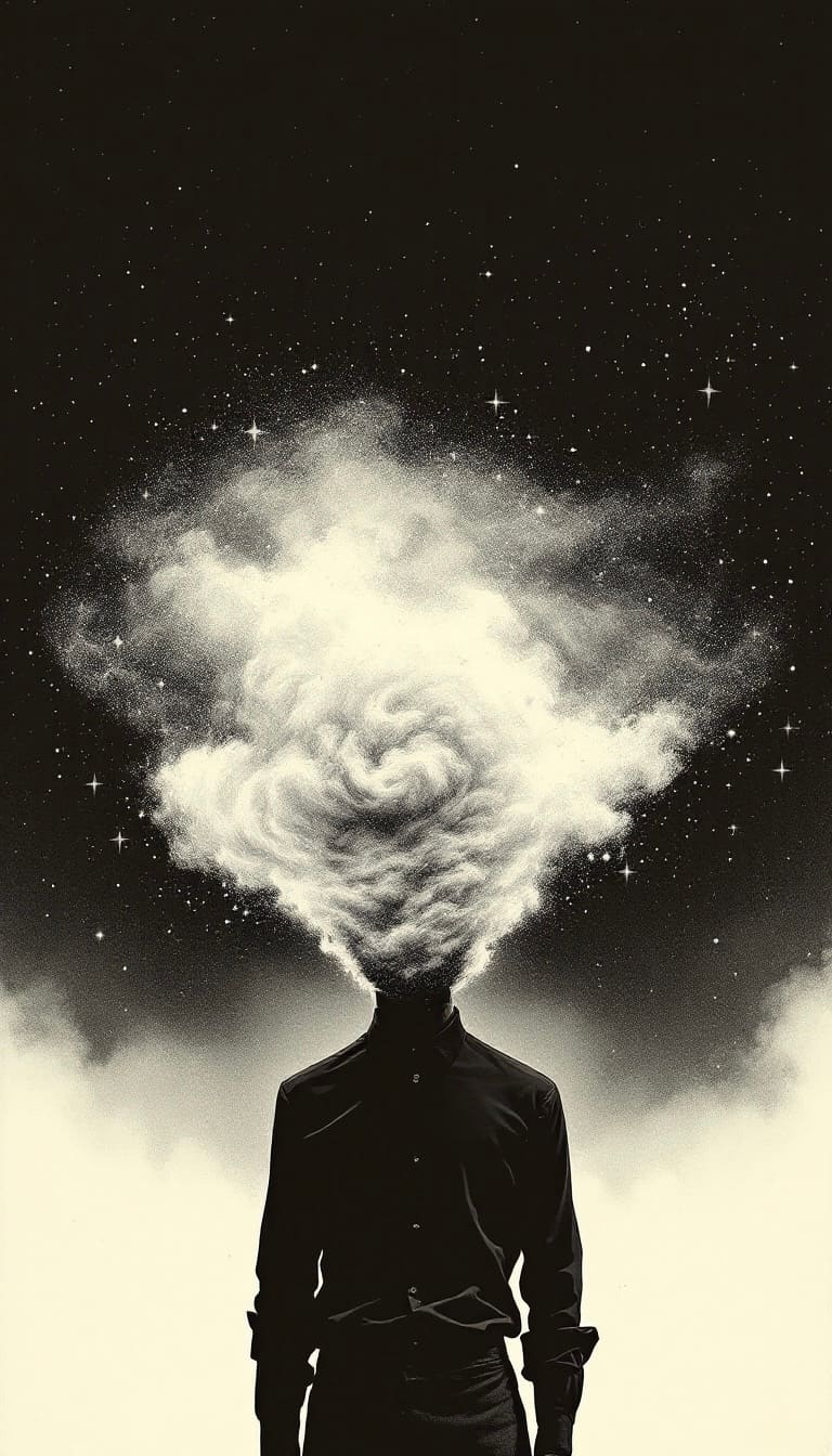 A surreal, faceless figure stands in a vast cosmic...