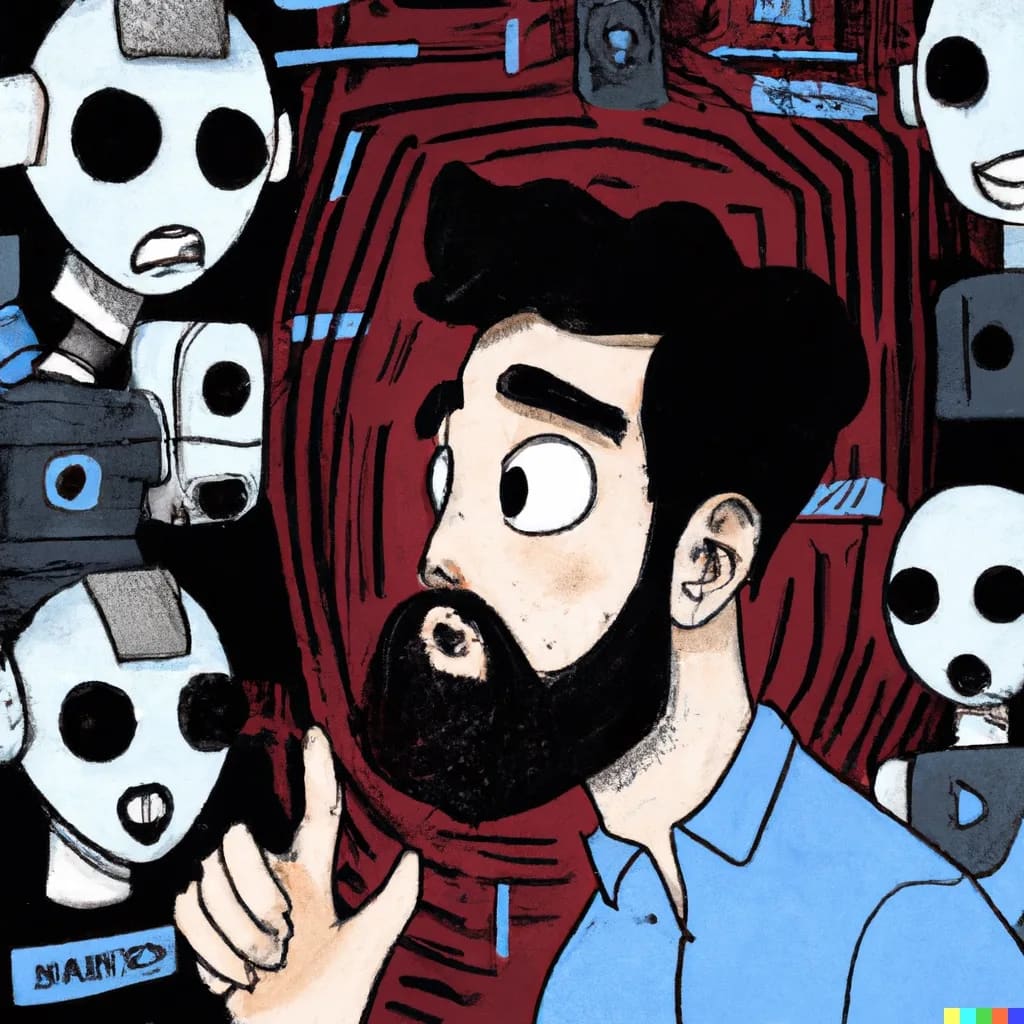 A bearded human surrounded by strange white robots...