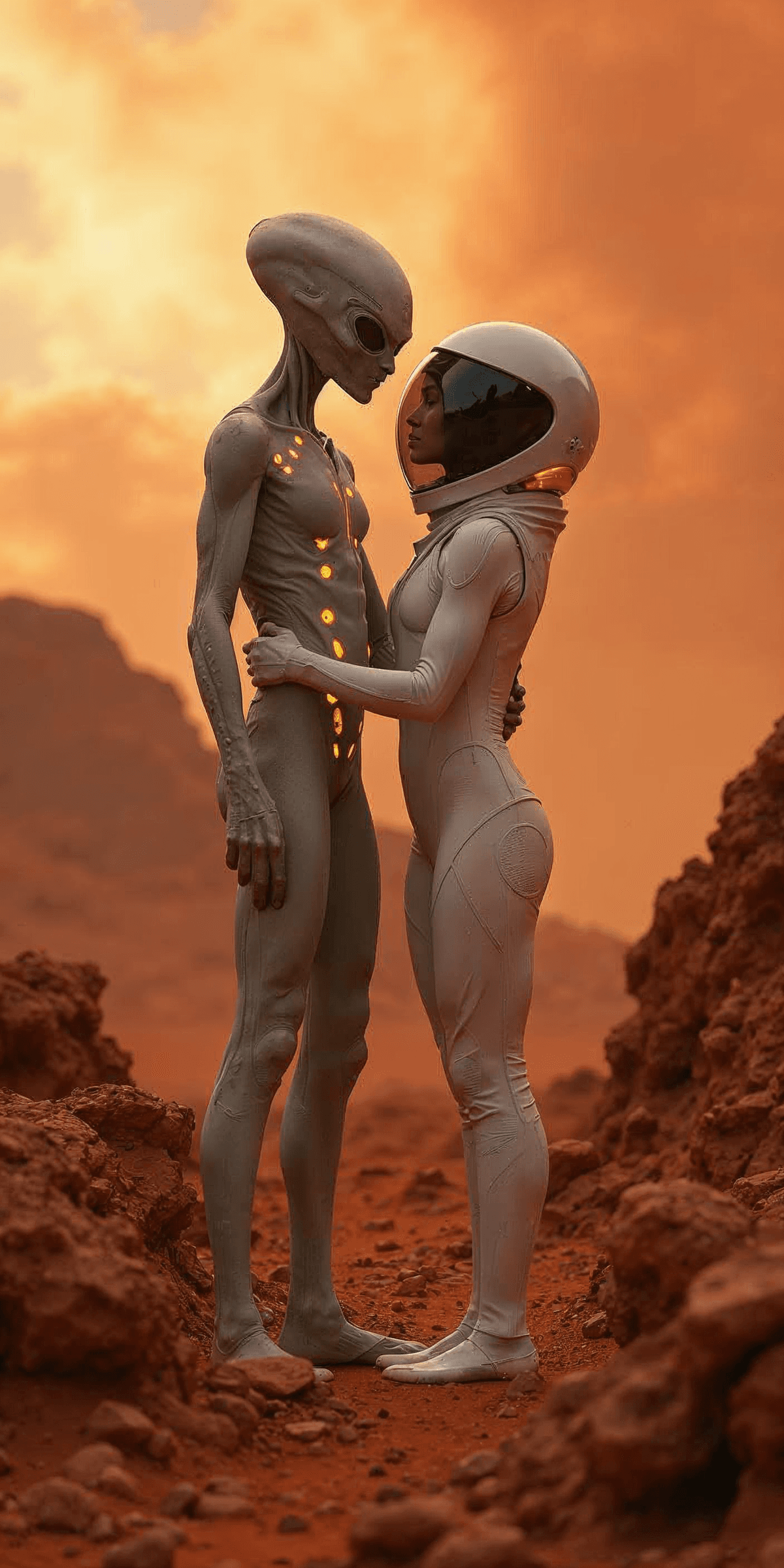 A cinematic photograph of a humanoid alien embracin...