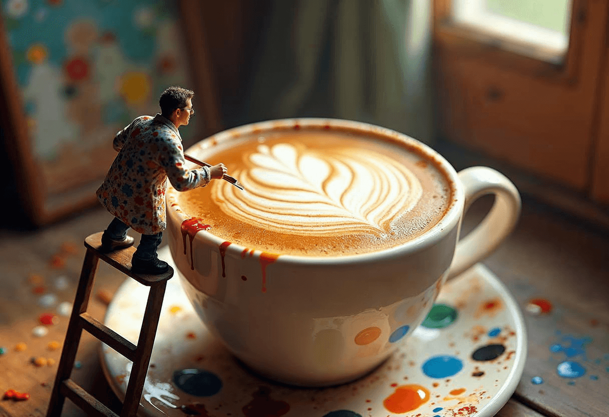 A whimsical scene of a miniature painter standing o...